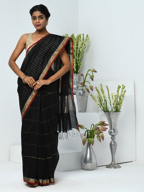 Fabindia Black Striped Saree With Unstitched Blouse Price in India