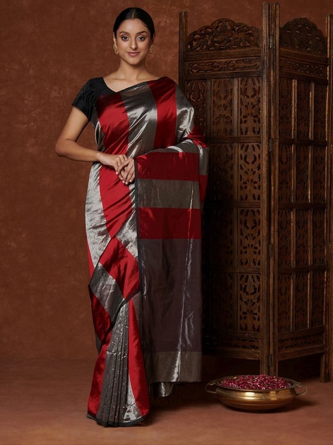 Fabindia Red & Grey Striped Saree With Unstitched Blouse Price in India