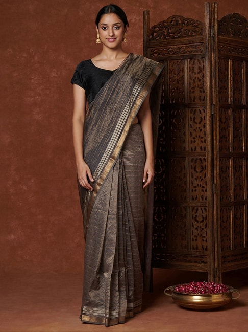 Fabindia Grey Woven Saree With Unstitched Blouse Price in India
