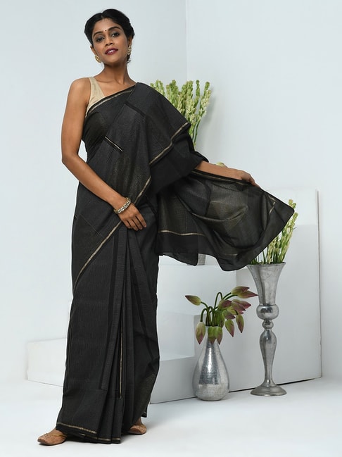 Fabindia Black Printed Saree With Unstitched Blouse Price in India