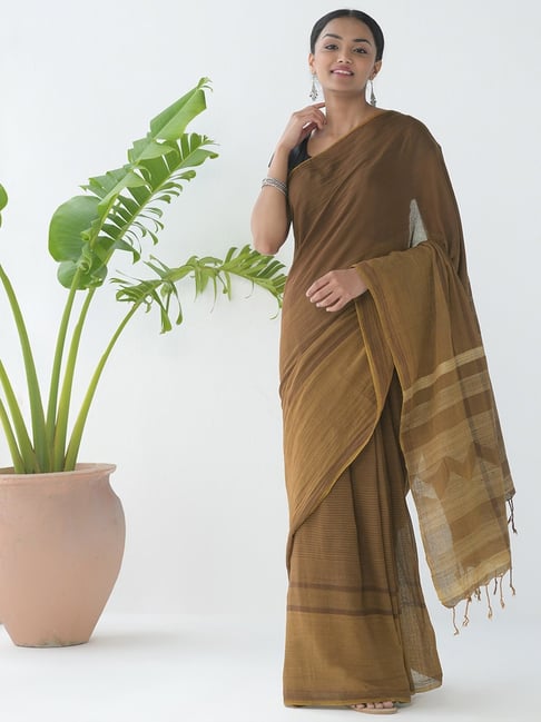 Fabindia Brown Woven Saree With Unstitched Blouse Price in India