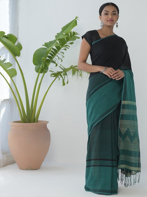 Fabindia Green & Navy Woven Saree With Unstitched Blouse Price in India