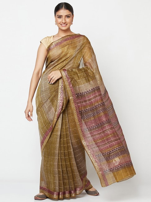 Fabindia Yellow Printed Saree With Unstitched Blouse Price in India