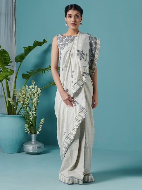 Fabindia White Linen Embroidered Saree Price in India