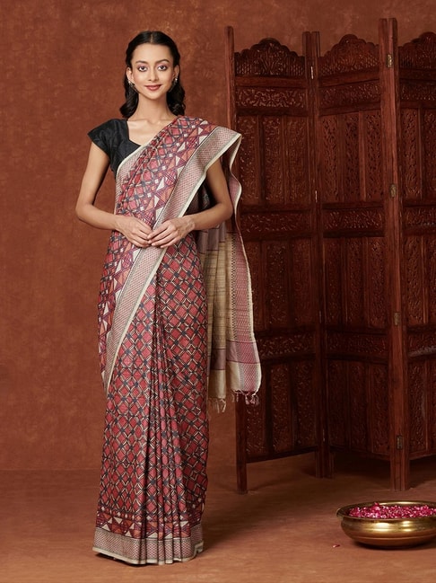 Fabindia Red Printed Saree With Unstitched Blouse Price in India