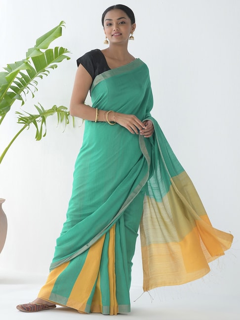 Fabindia Mint Blue Saree With Unstitched Blouse Price in India