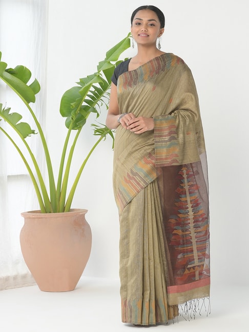 Fabindia Beige & Brown Woven Saree With Unstitched Blouse Price in India
