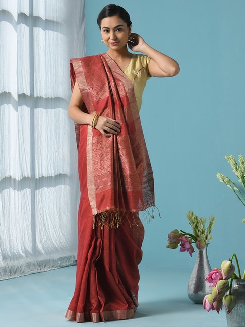 Fabindia Peach Woven Saree With Unstitched Blouse Price in India