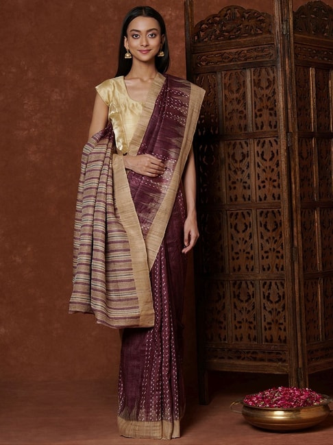 Fabindia Wine Printed Saree With Unstitched Blouse Price in India
