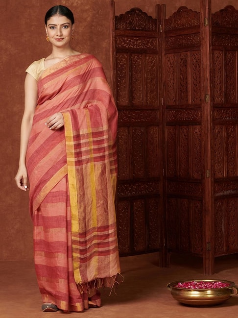 Fabindia Pink Linen Striped Saree With Unstitched Blouse Price in India