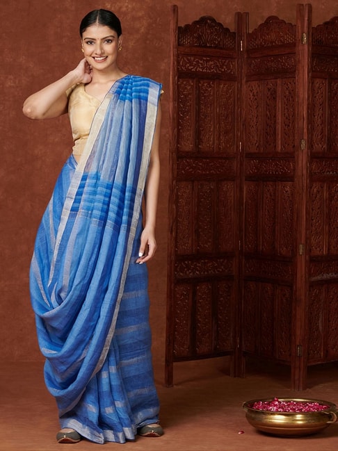 Fabindia Blue Linen Striped Saree With Unstitched Blouse Price in India