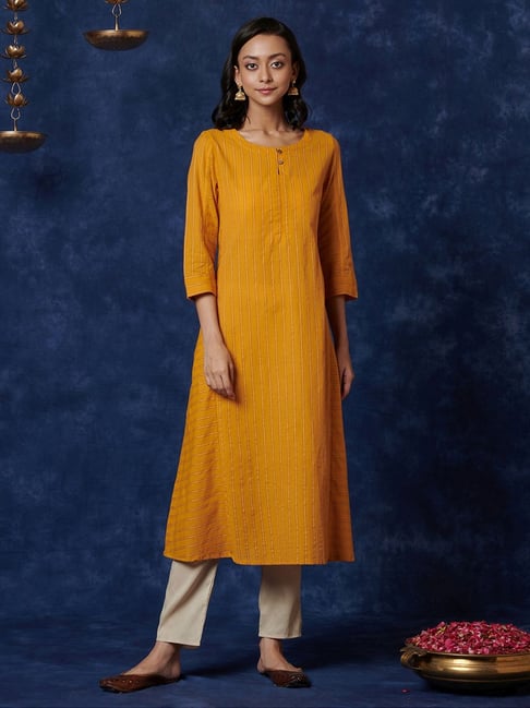 Fabindia Mustard Cotton Striped Straight Kurta Price in India