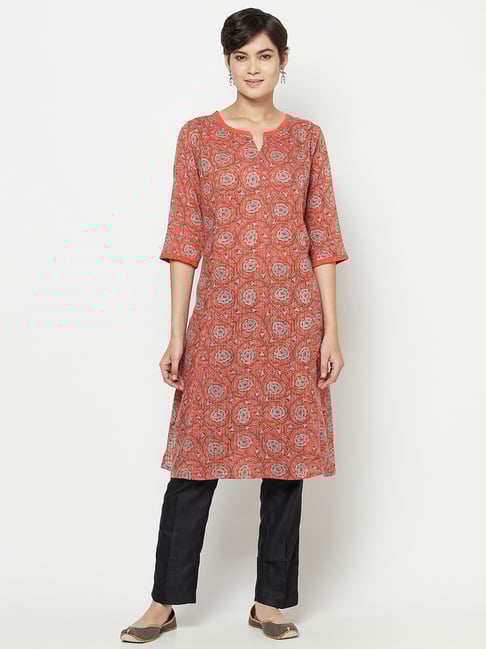 Buy Orange Viscose Silk Hand Block Print Knee Length Kurta for Women Online  at Fabindia  20028232