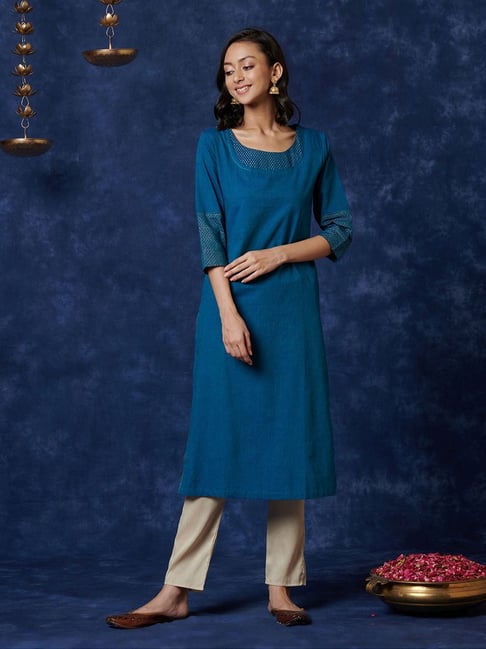 Fabindia Blue Cotton Printed Straight Kurta Price in India