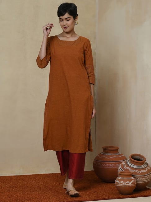 Fabindia Rust Cotton Printed Straight Kurta Price in India