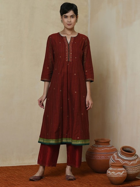 Fabindia Rust Cotton Embellished A Line Kurta Price in India
