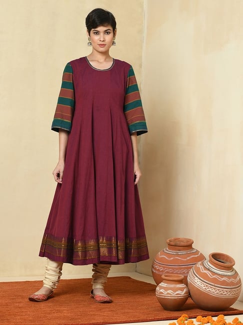 Fabindia Wine Cotton Printed A Line Kurta Price in India