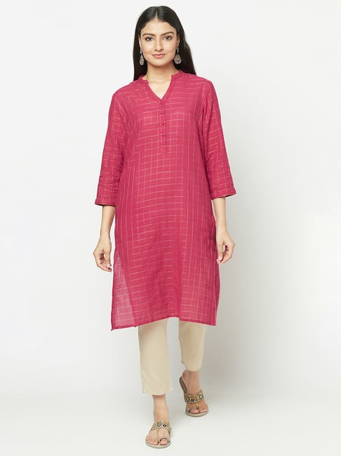 Fabindia Pink Cotton Chequered Straight Kurta Price in India