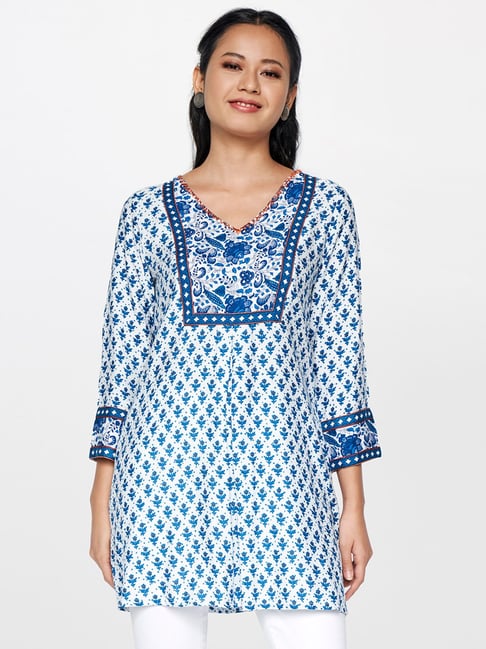 Global Desi Blue & White Floral Print Tunic