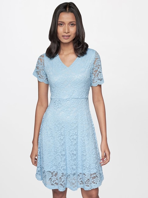 Lace Top Overlay Pleated Midi Dress in Royal Blue - Roman Originals UK