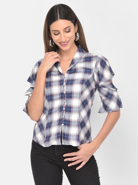 Latin Quarters White & Blue Check V Neck Top Price in India