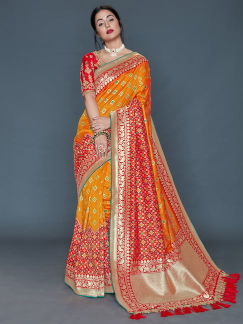Satrani Orange Zari Saree With Blouse Price in India