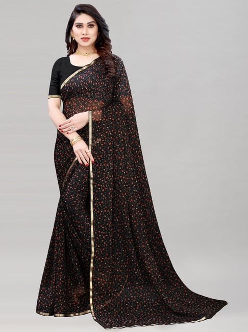 Satrani Black Floral Print Saree With Blouse Price in India