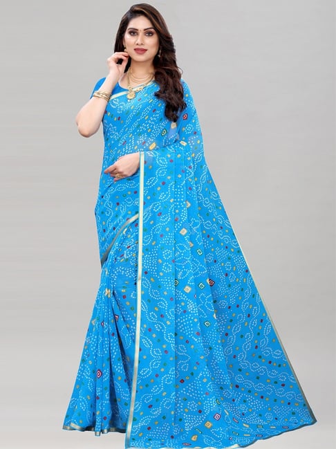 Satrani Blue Bandhani Saree With Blouse Price in India