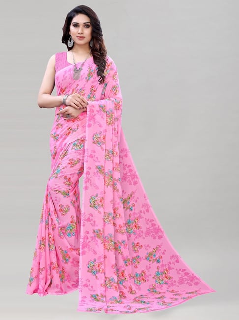 Satrani Pink Floral Print Saree With Blouse Price in India