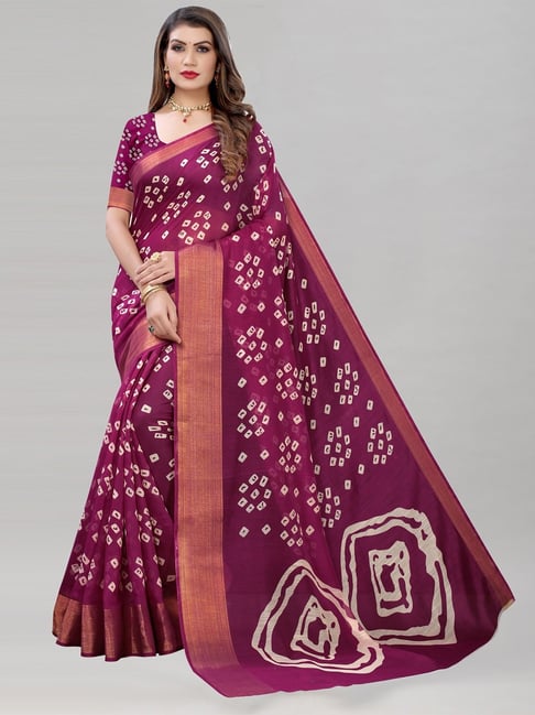 Purple p green woven design pure bandhej silk saree with blouse - ANAITA -  4188788