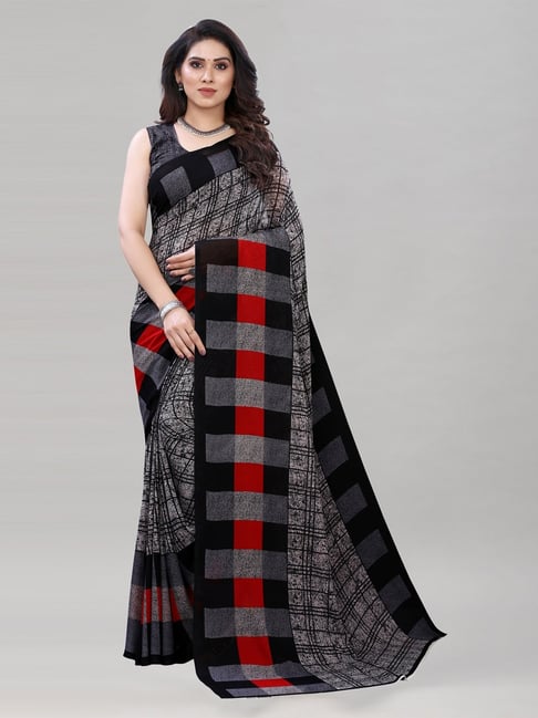 Satrani Grey Printed Saree With Blouse Price in India
