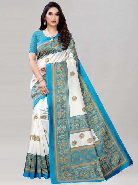 Satrani White Printed Saree With Blouse Price in India