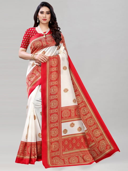 Satrani White Printed Saree With Blouse Price in India