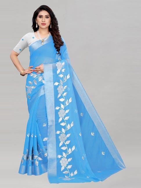 Satrani Blue Zari Saree With Blouse Price in India