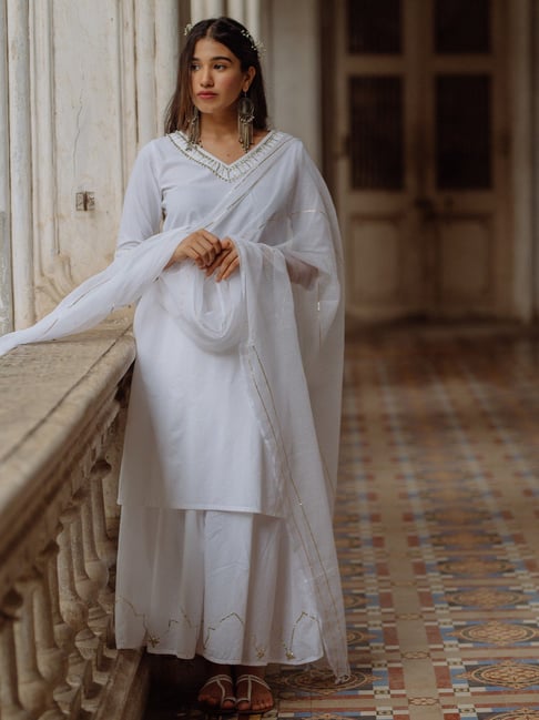 Buy Printed White Cotton Designer Sharara Set for Women @ Bunaai