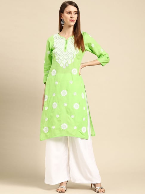 Saadgi Green & White Cotton Embroidered Kurta Palazzo Set Price in India