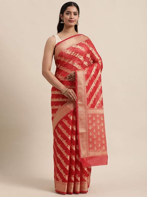 Geroo Jaipur Red Zari Saree With Unstitched Blouse Price in India