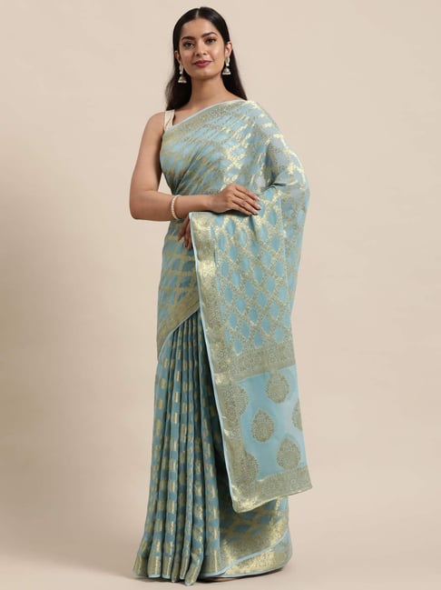 Geroo Jaipur Turquoise Zari Saree With Unstitched Blouse-picture-22