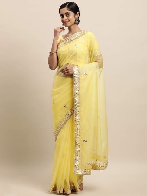 Geroo Jaipur Yellow Embellished Saree With Unstitched Blouse Price in India