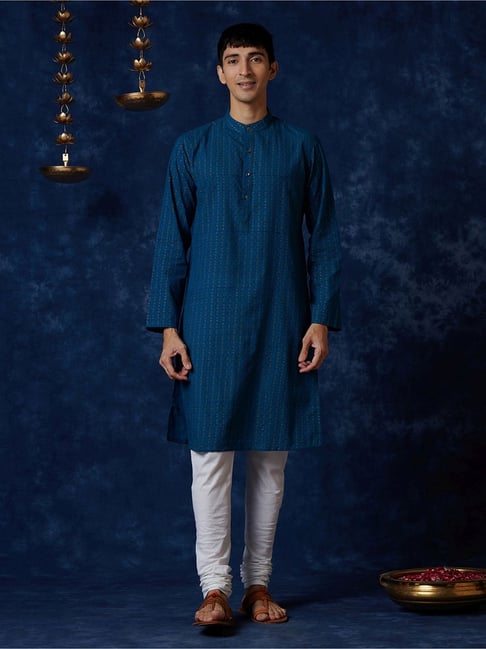 Fabindia Blue Cotton Slim Fit Printed Kurta