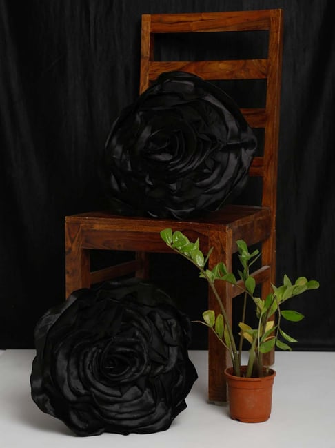 HOSTA HOMES Black Sateen Rose Flower Cushion Cover with Filler - Set of 2