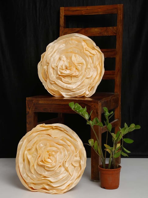 HOSTA HOMES Cream Sateen Rose Flower Cushion Cover with Filler - Set of 2