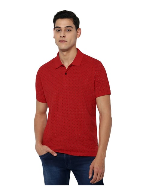 Allen Solly Red Cotton Regular Fit Printed Polo T-Shirt