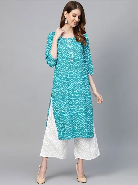 Anubhutee Turquoise Blue & White Printed Kurta Palazzo Set Price in India