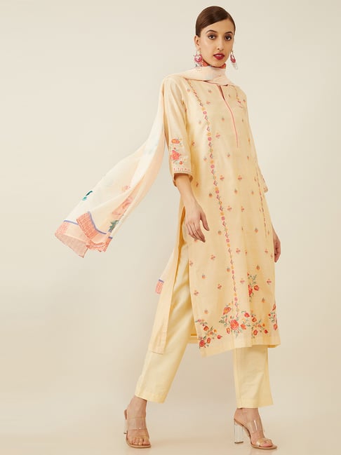 Soch Yellow Embroidered Kurta Pant Set With Duppata Price in India