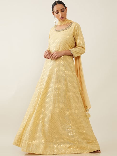 Soch Beige Embellished Kurta Churidar Set With Duppata