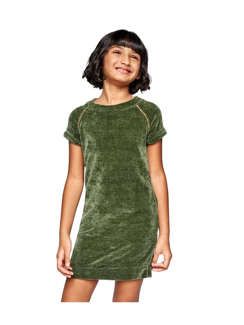 Global Desi Girl Olive Self Design Dress