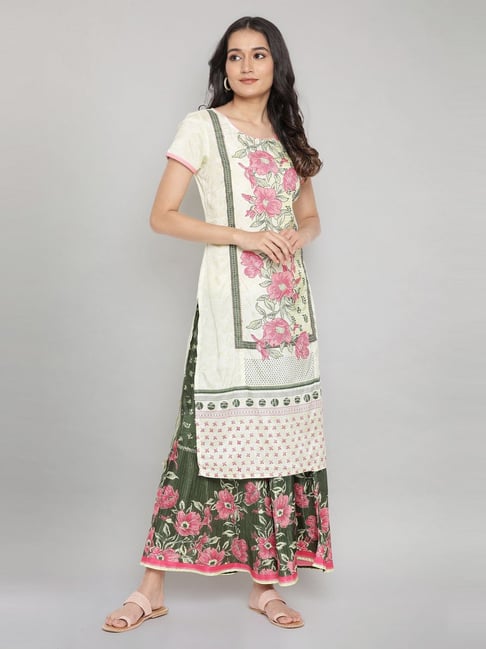 Aurelia Yellow & Green Cotton Printed Kurta Palazzo Set