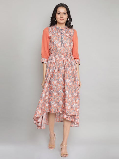 Aurelia Peach Printed A-Line Dress Price in India