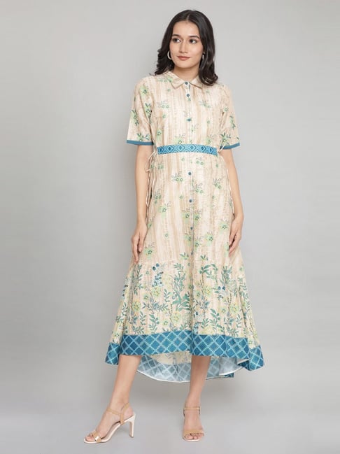 Aurelia Beige & Blue Printed A-Line Dress With Belt Price in India